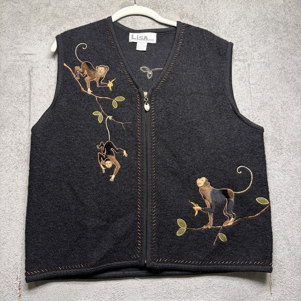 Embroidered Monkey Vest Whimsical Folk‎ Art Animal Black Boho Statement Womens L